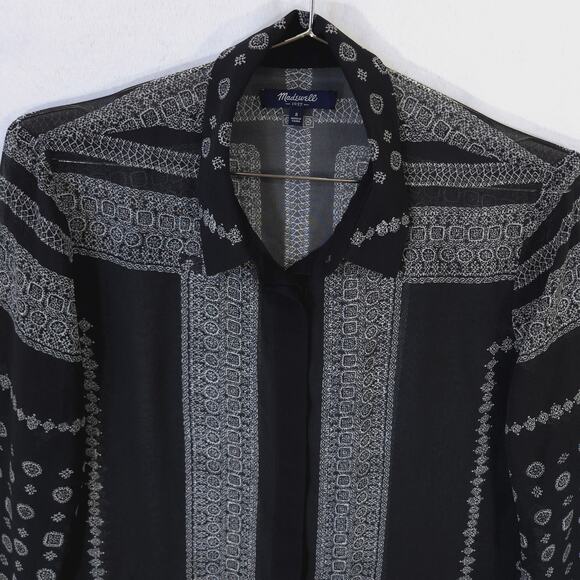 Madewell Shirt Womens S Black White Bohemian Sheer Chiffon Button Up Long Sleeve - Picture 2 of 9